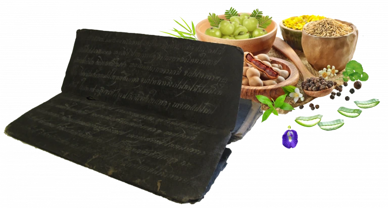 Ancient palm-leaf manuscript and AloEx natural herbs