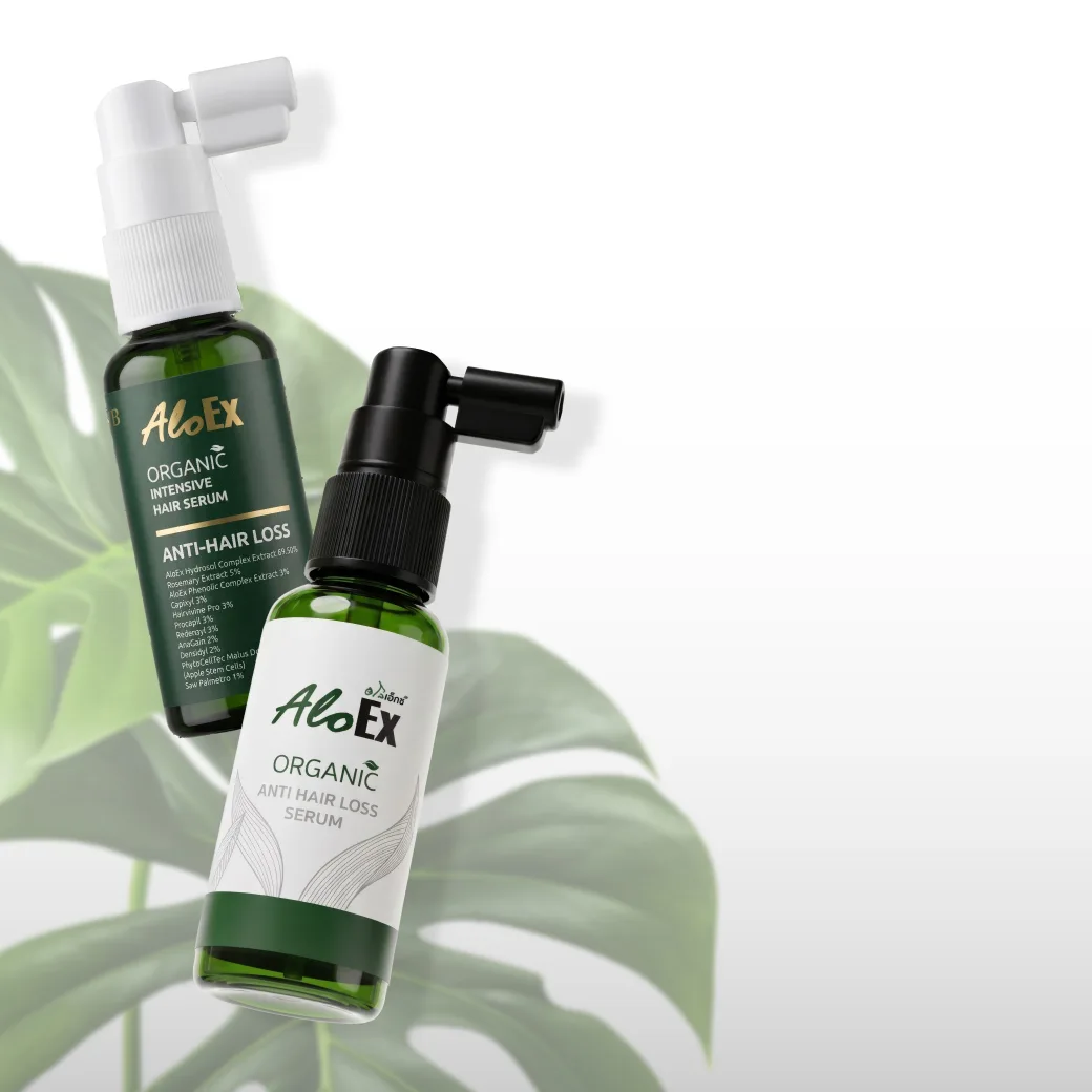 AloEx Organic Anti Hair Loss Serum နှင့် AloEx Organic Intensive Hair Serum — ရေအသားရည် ဆေးဖက်ဝင် ဆီရမ်များ