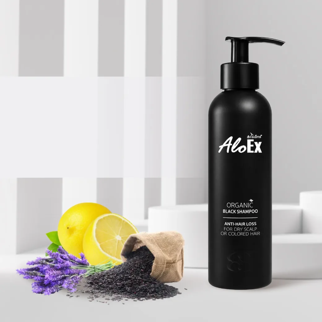 AloEx Organic Black Shampoo แชมพูสมุนไพรออร์แกนิกสูตรแบล็ค สำหรับเส้นผมและหนังศีรษะแห้ง