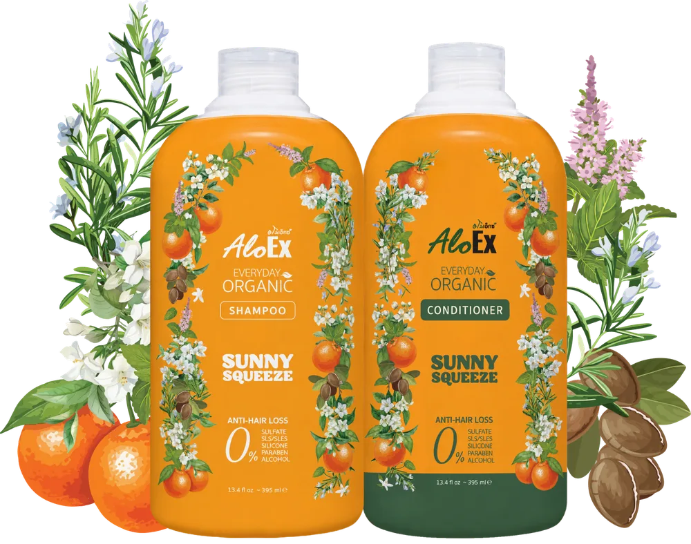 AloEx Everyday Organic Sunny Squeeze ခေါင်းလျှော်ရည်နှင့် ဆံပင်ပျော့ပျောင်းဆေး အတွဲ