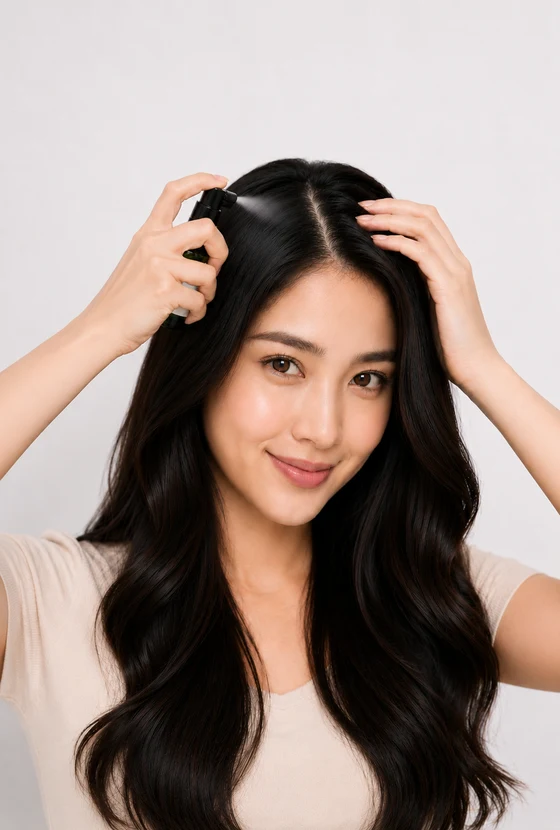 ผู้หญิงนวดเซรั่ม AloEx ลงบนหนังศีรษะ